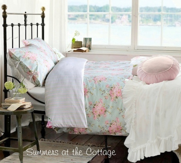 AQUA BLUE PINK ROSES DUVET SET SHABBY BEACH COTTAGE CHIC DUVET