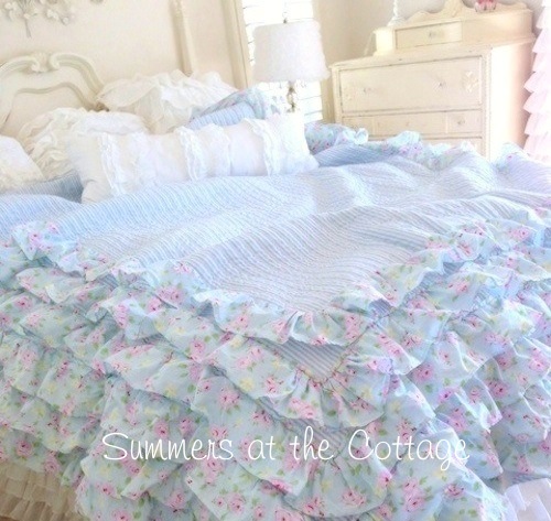 Petticoat Ruffles Bella Blue Pink Roses Quilt