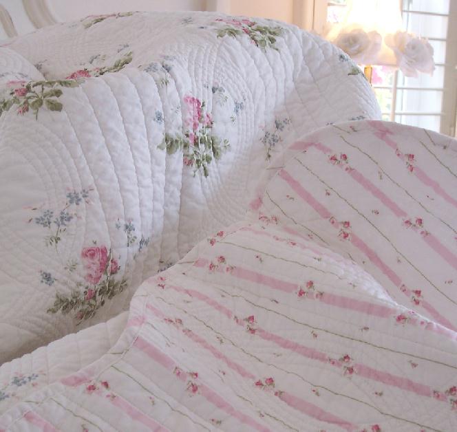Pink Roses Cabana Stripe Beach House Throw Quilt