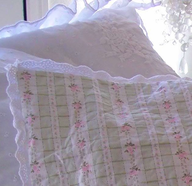 Pink Roses Cottage Green Ticking Stripe Lace
