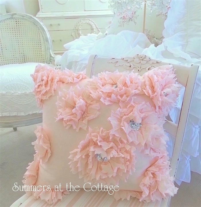 PRETTY PEACH PINK RUFFLED FLOWERS SEQUINS ACCENT PILLOW