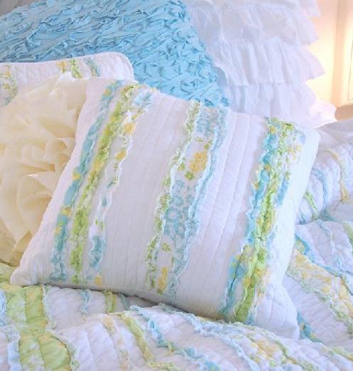 Beach Cottage Blue Flowers Rag Ruffle Pillow