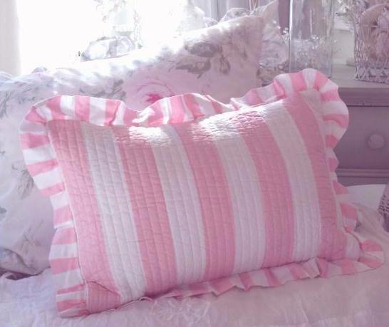 Beach House Pink White Cabana Ruffled Pillow