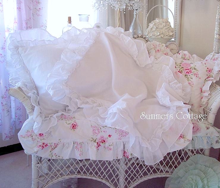 SHABBY COTTAGE CHIC WHITE 3 LAYERS OF RUFFLES PILLOW SHAM