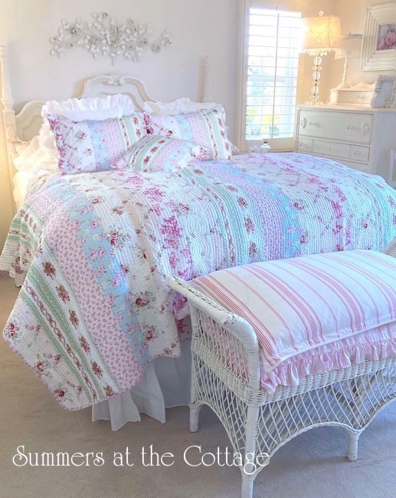 PINK BLUE WHITE Rag Ruffles Lace COTTAGE CHIC SHABBY FULL QUEEN Quilt SET 