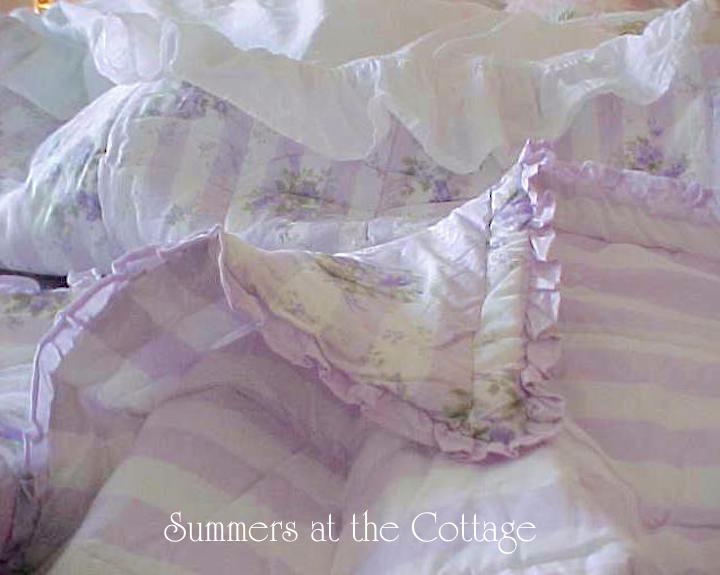RACHEL ASHWELL SHABBY CHIC LAVENDER CABANA STRIPE RUFFLES ROSES