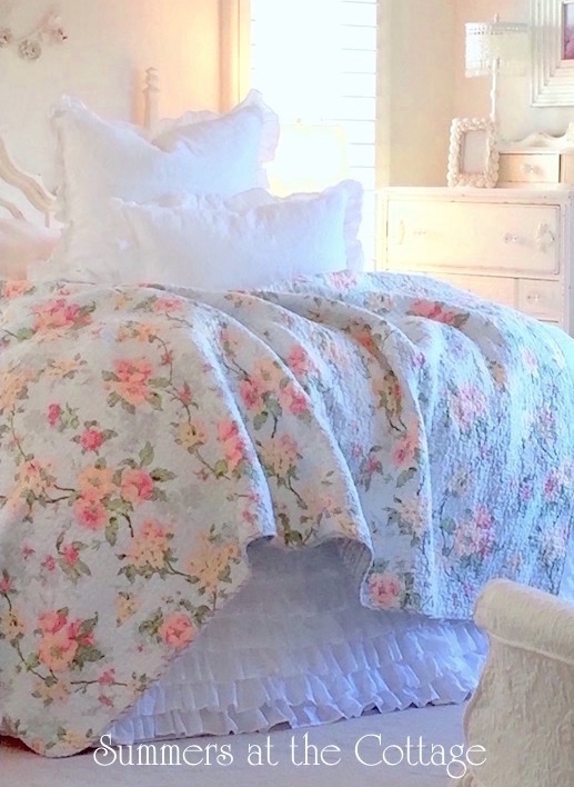 Tiffany Blue Magnolia Cottage Rose Bedding Quilt Set