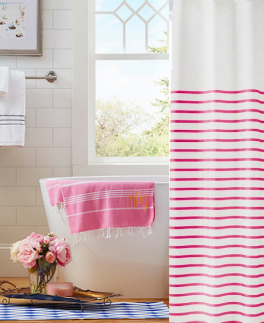 Shower Curtains, Bath, Crystal Hooks, Cottage Blue, Shabby Pink, White Ruffles