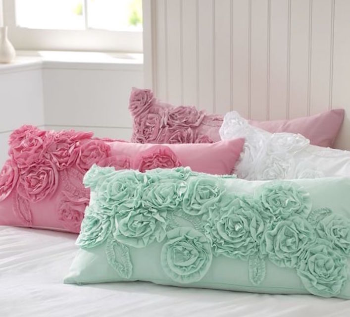 POTTERY BARN PAINTED COTTAGE RUFFLES ROSETTE ROSES PILLOW COVER SHAM AQUA MINT, WHITE, LILAC
