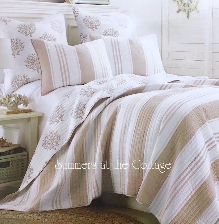 Details about   Sand and Stars Blush Pink Taupe White Cabana Striped King Quilt Set
